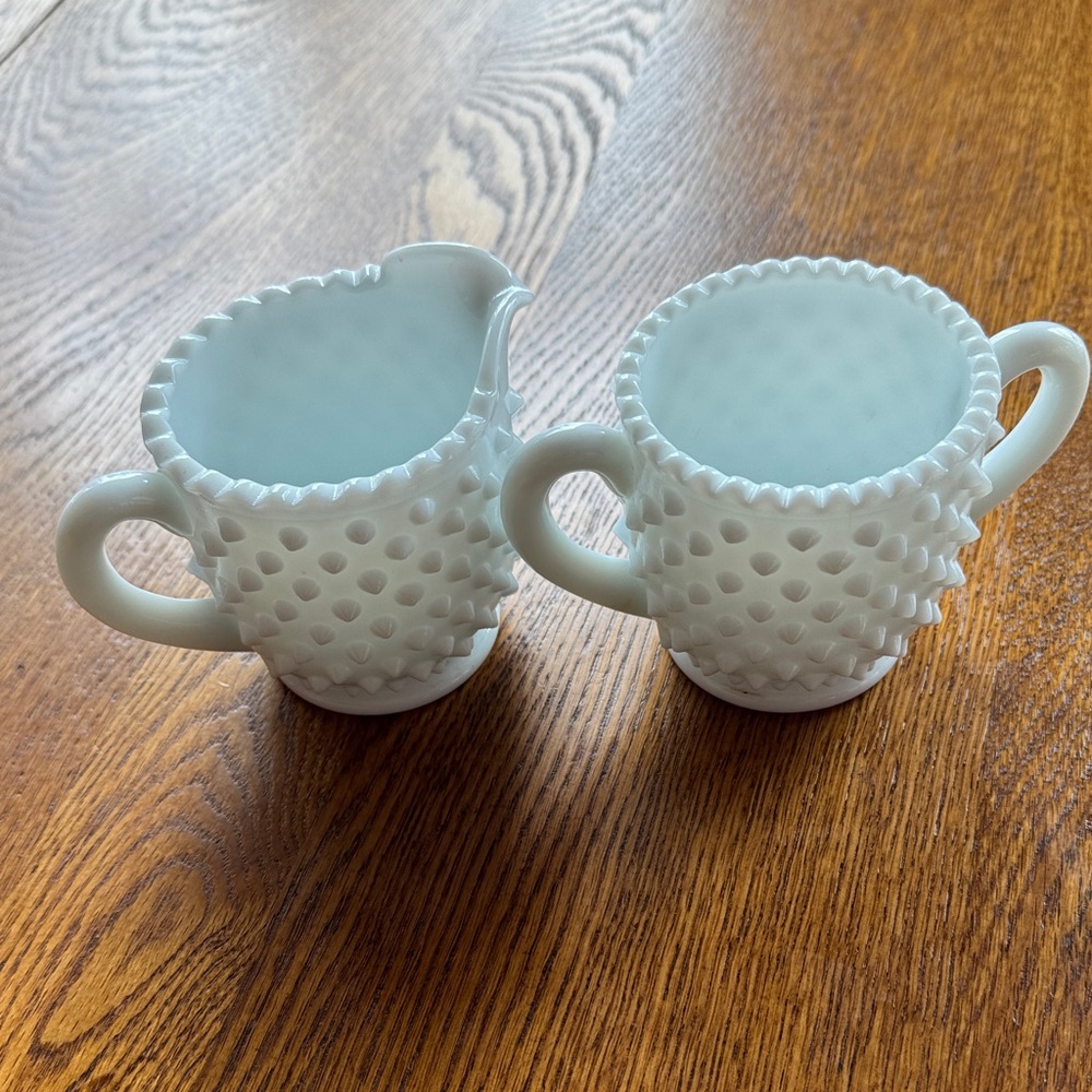 White Hobnail Milk Glass Creamer and Sugar Set